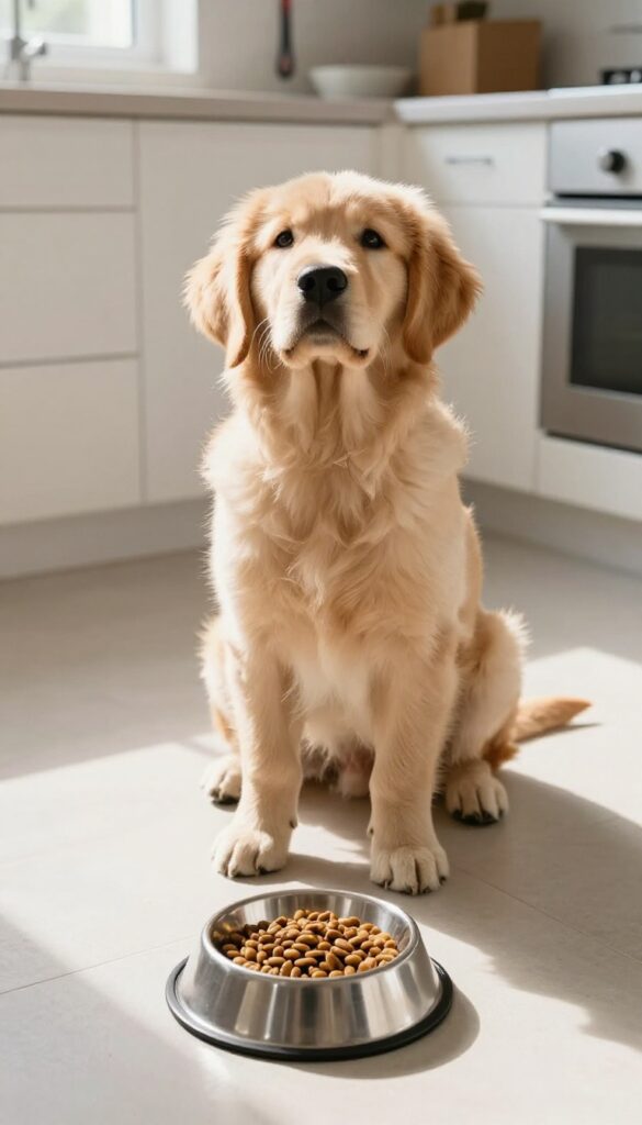 Puppy waiting by its food bowl during a scheduled feeding time
