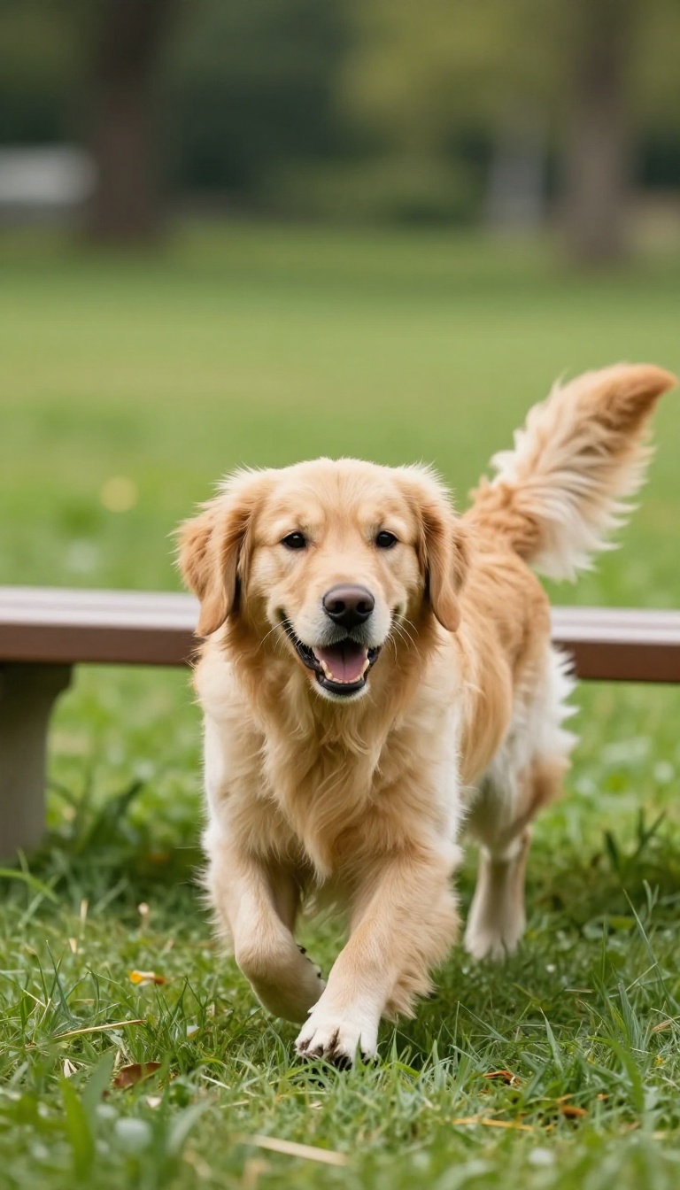 Golden retriever crawling under a bench in a sunlit park