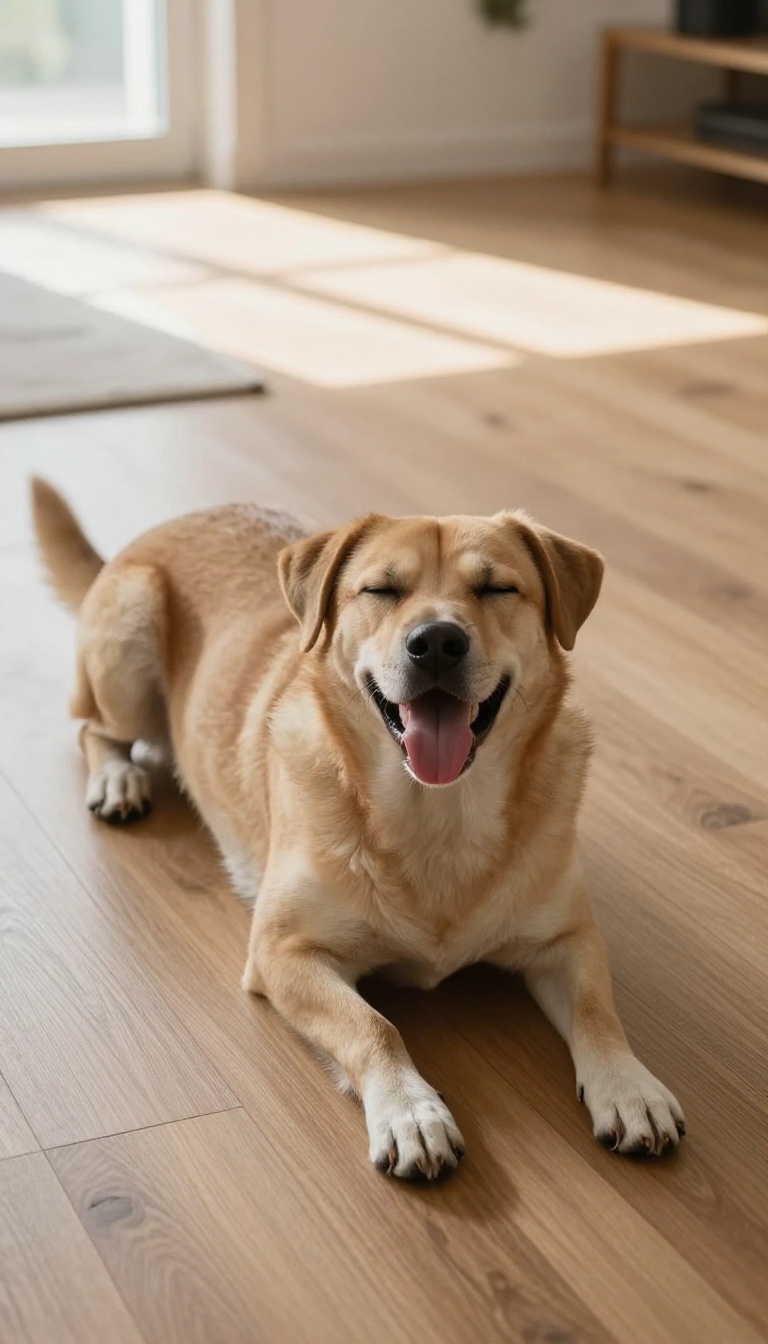Dog playfully lying on its side as if playing dead in a sunlit living room