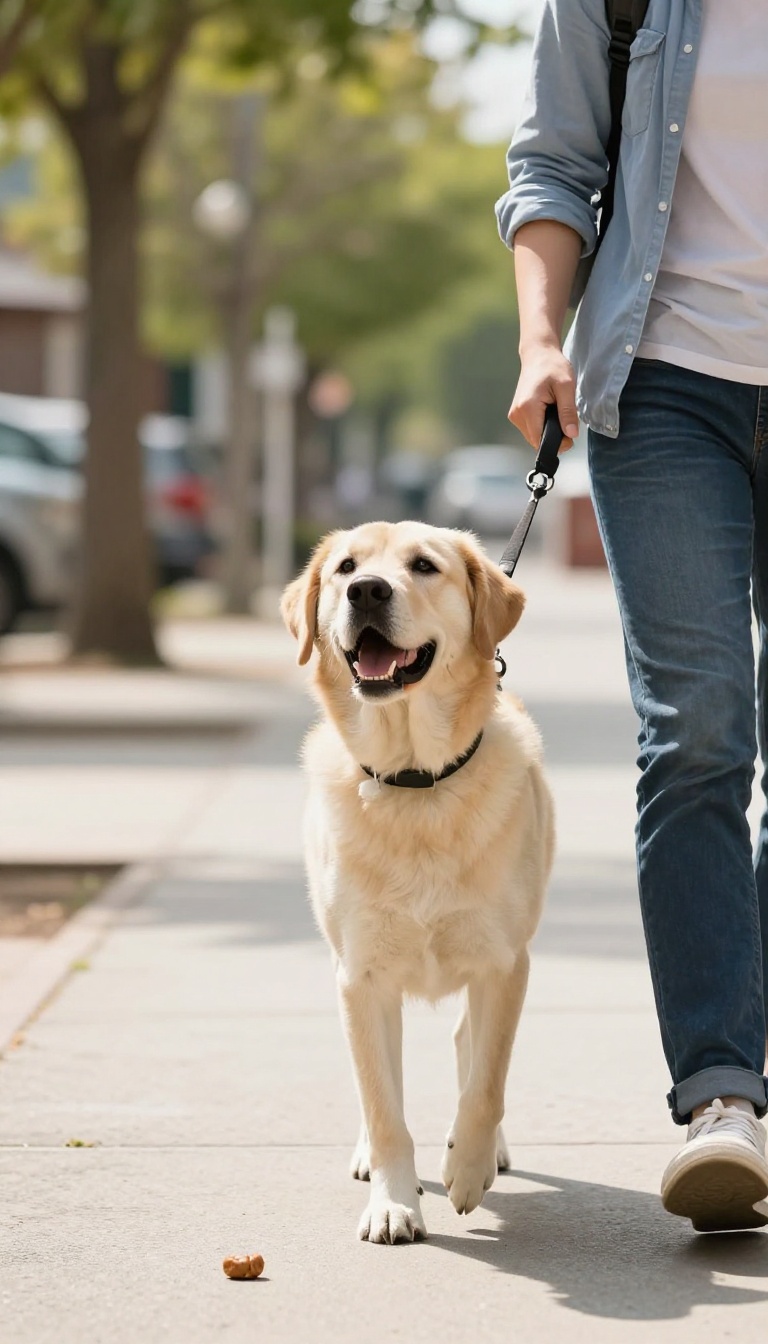 Person walking a dog past a treat on the ground during a leave it drill.