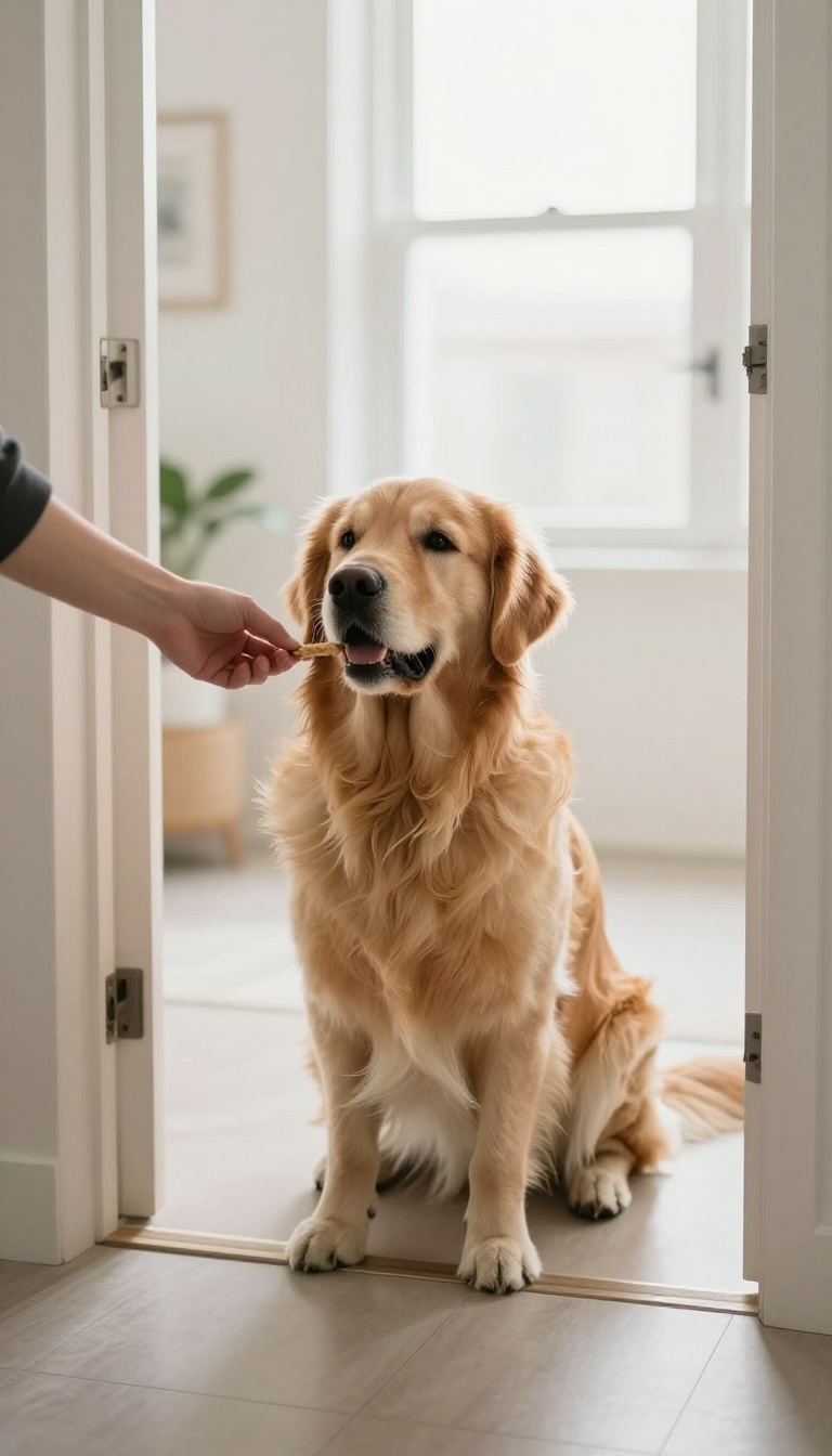 A large dog waiting calmly at an open doorway during training.