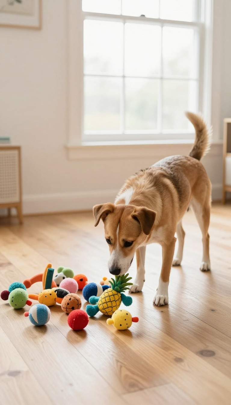 A dog picking out a specific toy from a pile, demonstrating mental stimulation and focus during training.