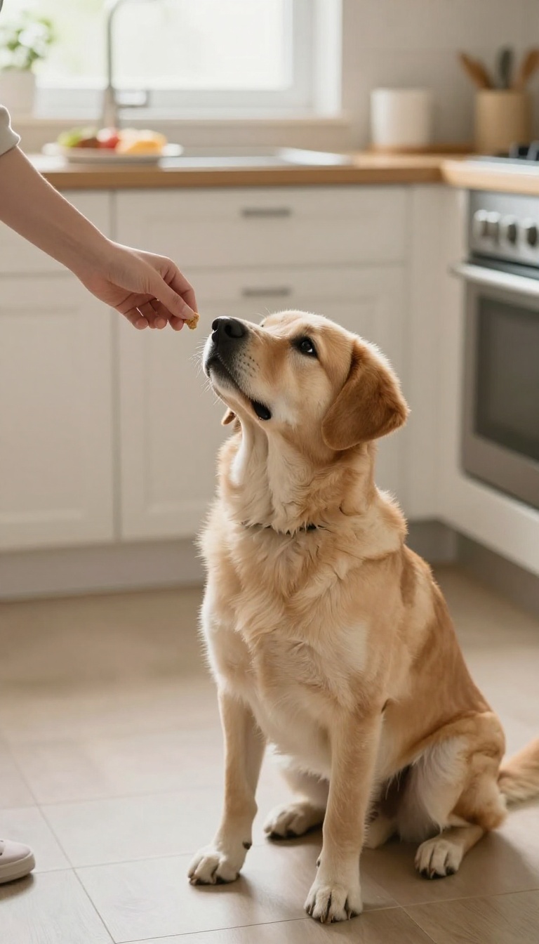 Dog sitting patiently while owner holds a treat, illustrating 'Nothing in Life is Free' training
