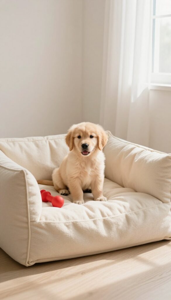 A relaxed golden retriever puppy sitting in a cozy crate with a blanket and toy in a bright living room