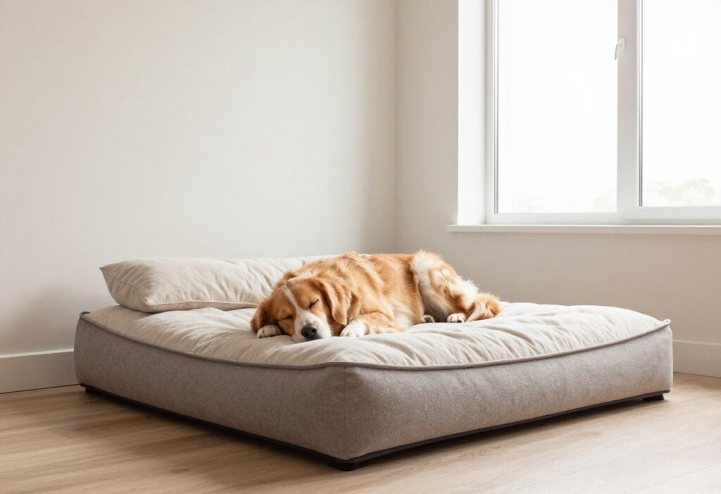 Dog resting on a plush bed with a soft pillow in a bright living room