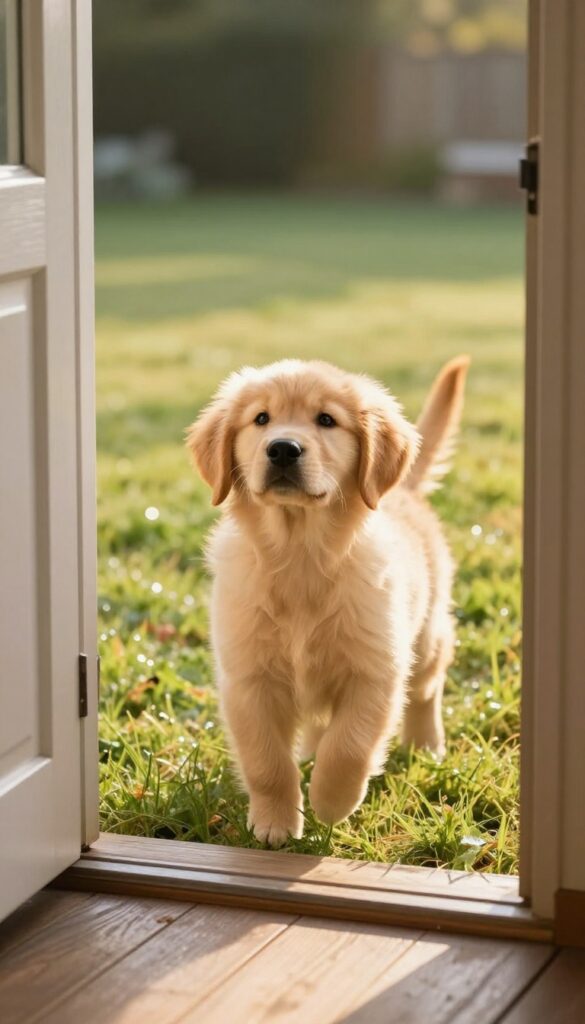 Puppy being taken outside through an open door in the morning