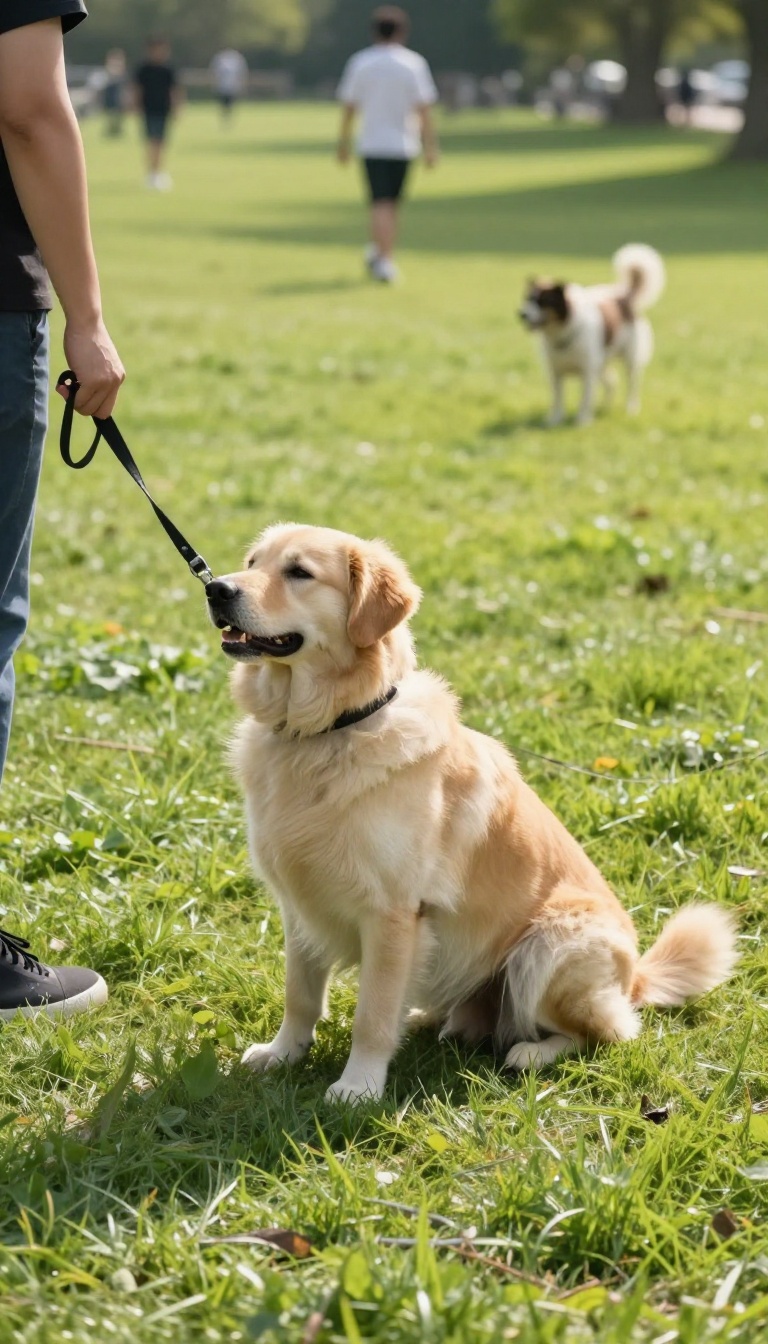 A dog holding a stay command in a park with people and dogs in the background, representing an outdoor distraction challenge.