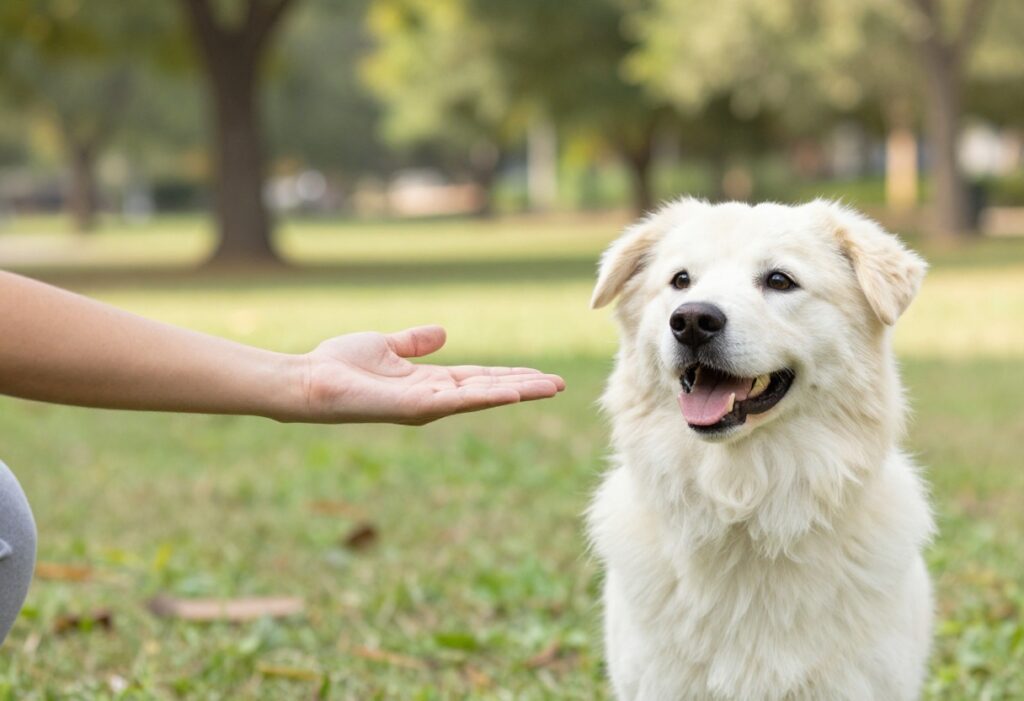 Person giving a hand signal to a dog in a park