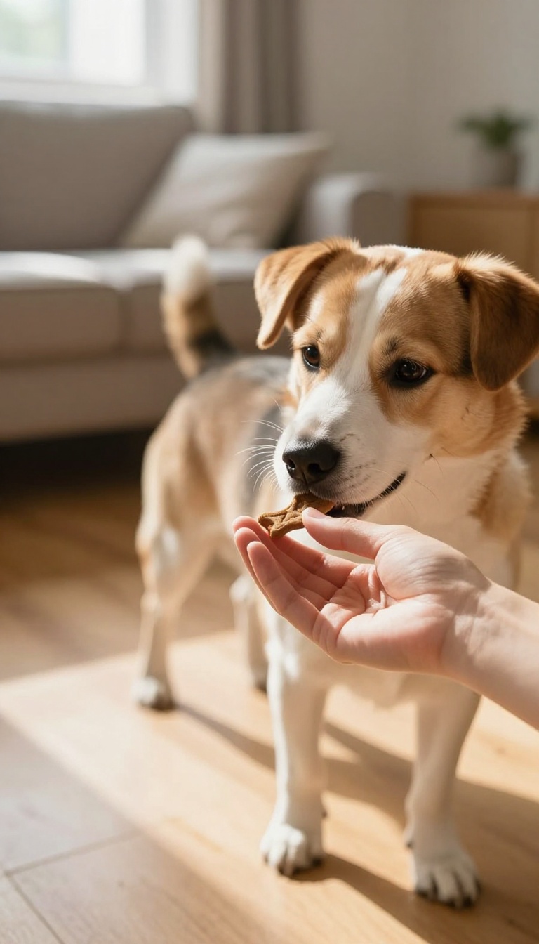 Person giving a dog a treat within two seconds of a desired behavior, highlighting the importance of immediate rewards in dog training.