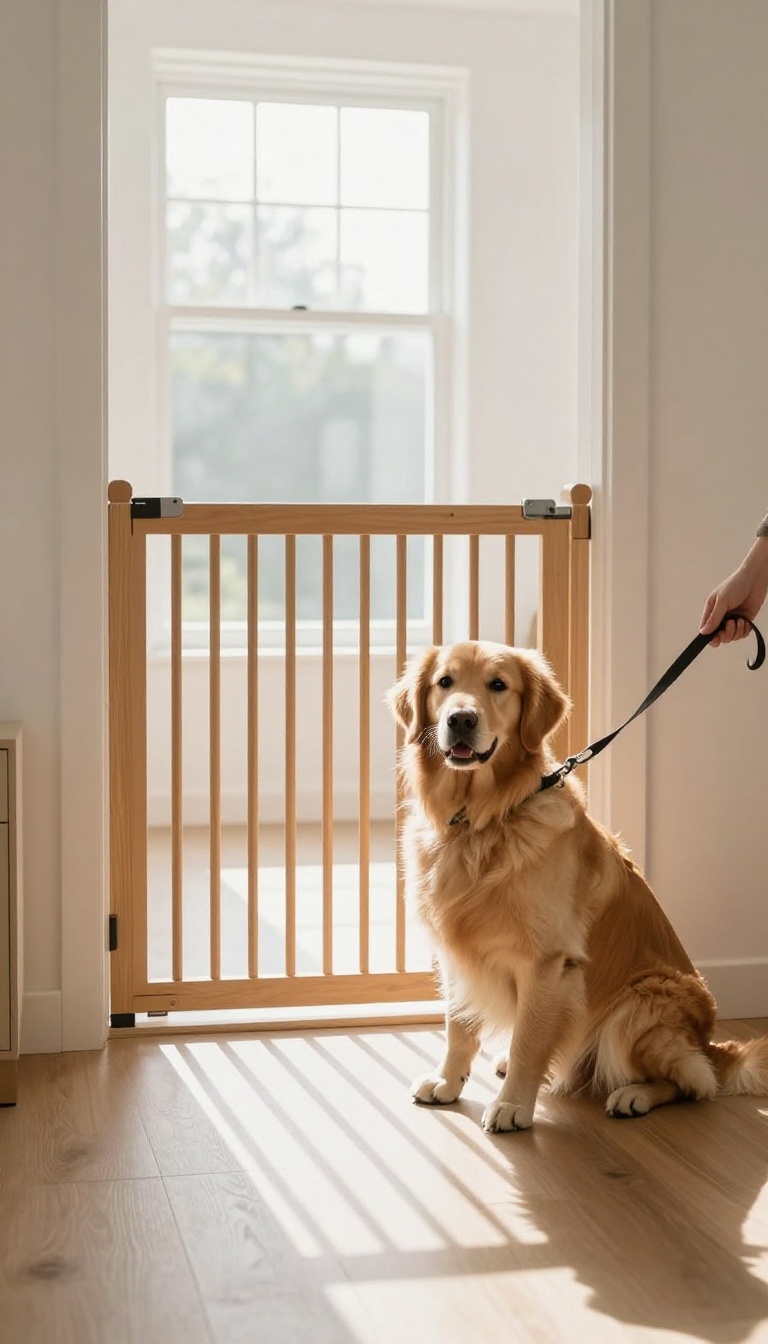 A dog sitting patiently by a baby gate in a bright room, illustrating the leash gate training exercise.