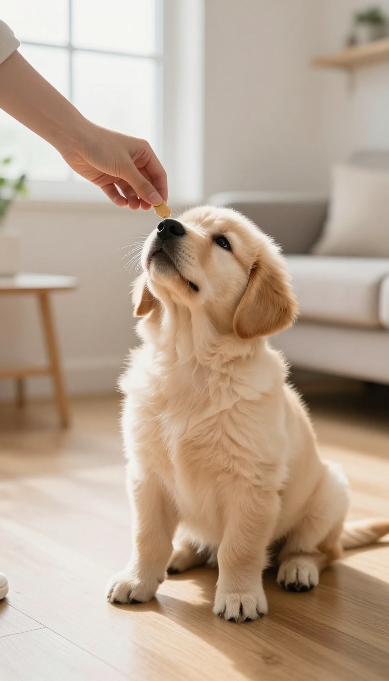 Puppy sitting patiently for a treat during impulse control training