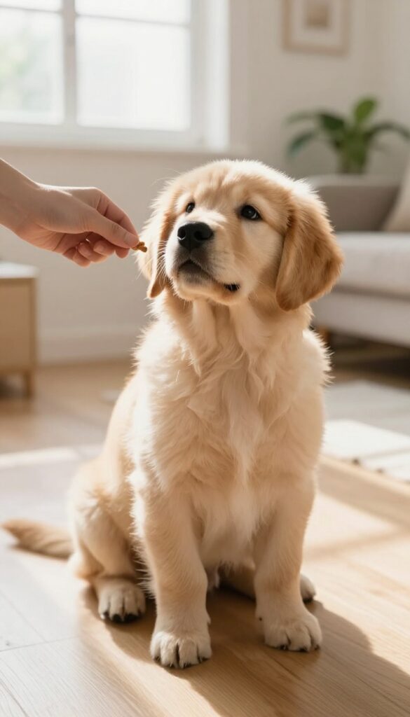 Golden retriever puppy sitting attentively during a short training session in a bright living room