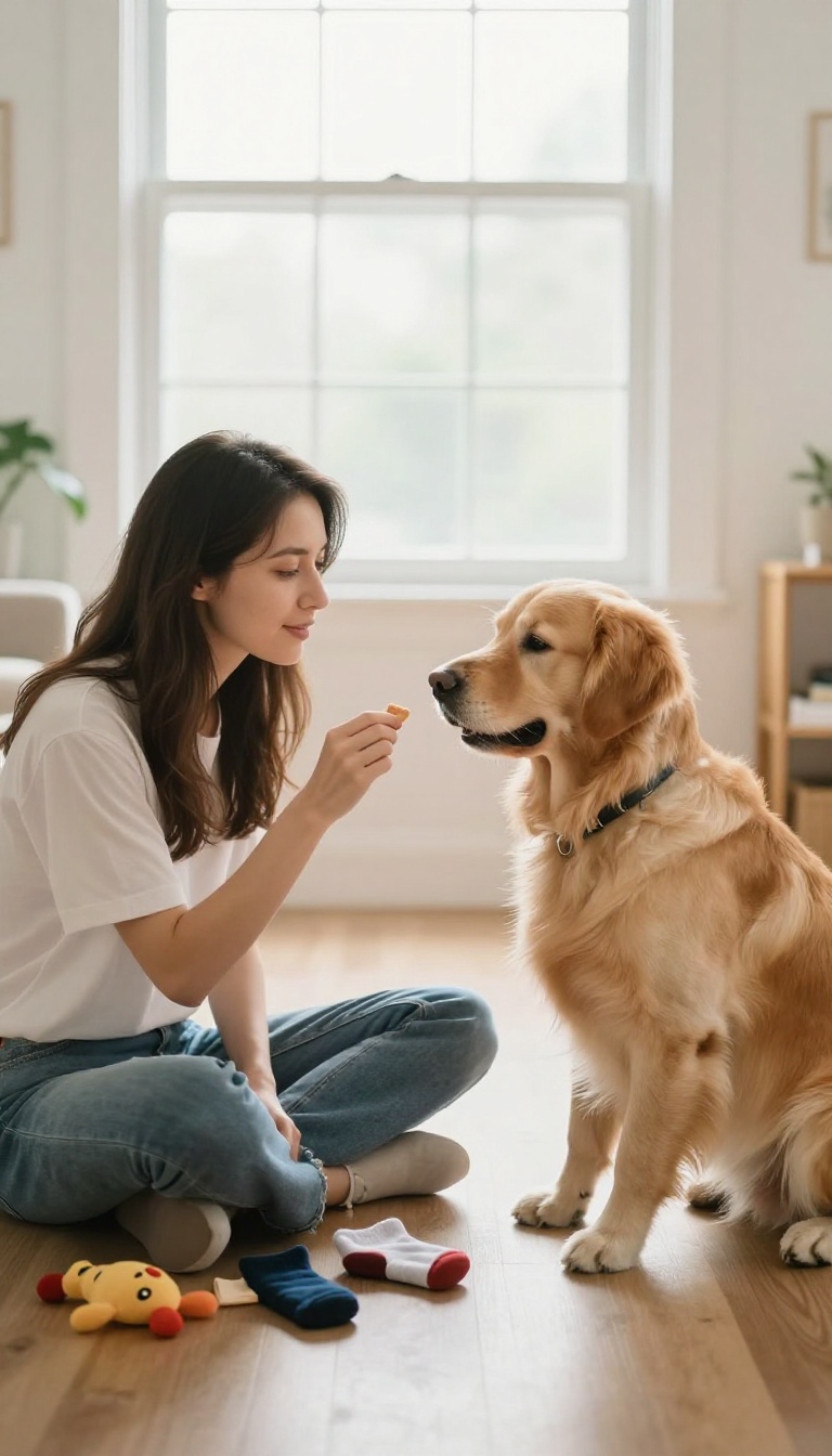 Dog owner teaching 'leave it' command with a treat in hand on living room floor