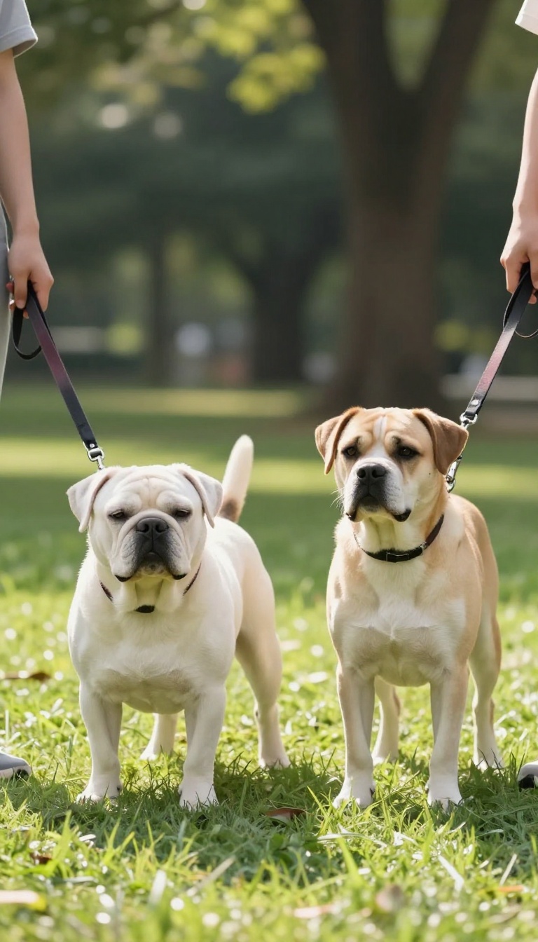 Two dogs in a park respecting each other's space, one turning away while the other waits calmly.