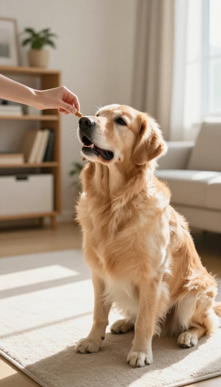 Senior dog sitting and looking up at owner during a training session in a bright living room