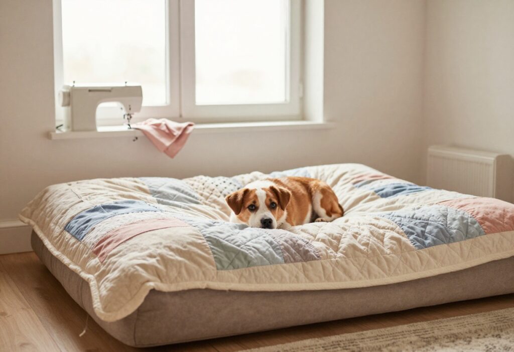 A dog resting on a handmade quilted dog bed in a bright living room