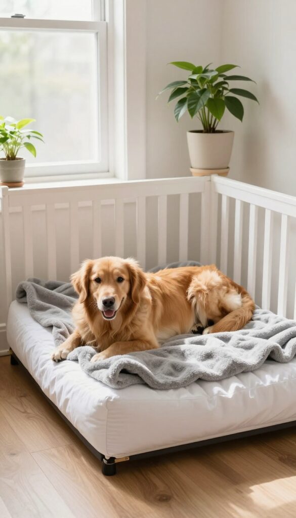 A dog resting on a repurposed crib mattress bed with a fitted sheet and fleece blanket in a bright living room