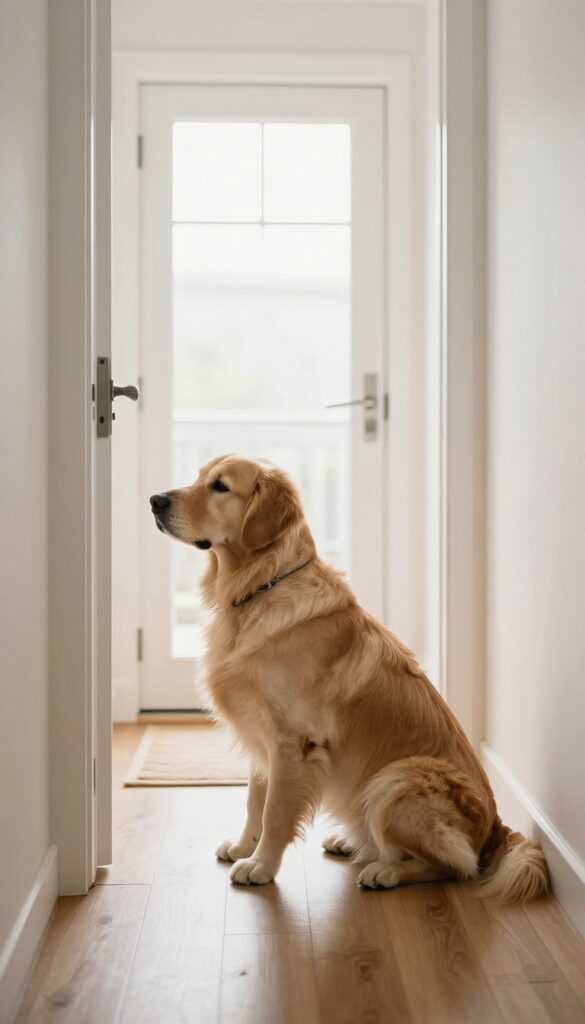 A calm dog sitting patiently by an open front door, demonstrating polite door manners.