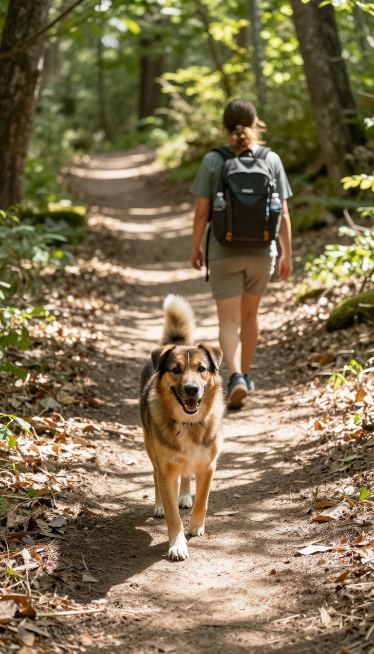 A dog and owner hiking on a gentle, sunlit forest trail, building stamina gradually.