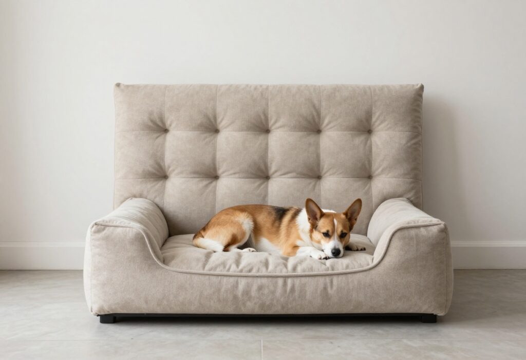 A cute dog sleeping on a boutique-style dog bed with a tufted headboard in a modern living room.