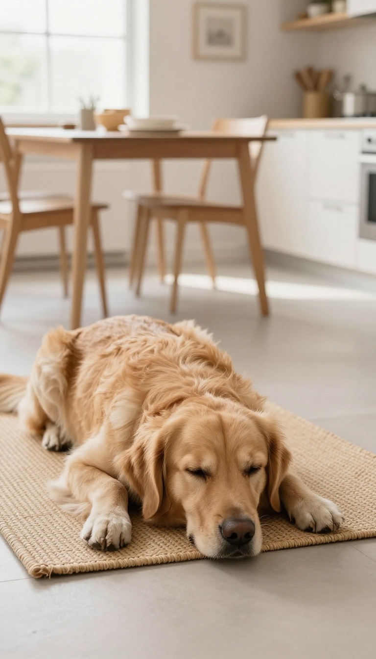 Large dog resting on mat near dining table during meal