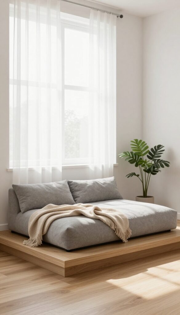 Modern living room with an elevated wooden dog bed featuring a plush gray cushion, a beige throw, and a potted plant by a bright window.