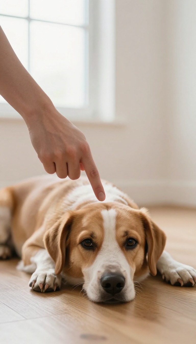 Hand signaling down to a dog lying down on a wooden floor