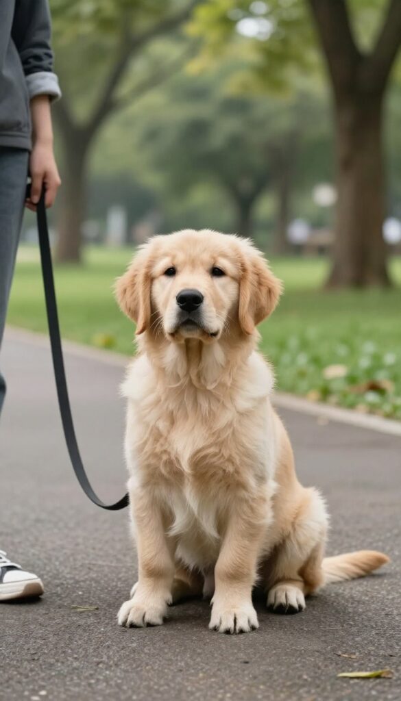 Puppy practicing stay in a public park on a leash