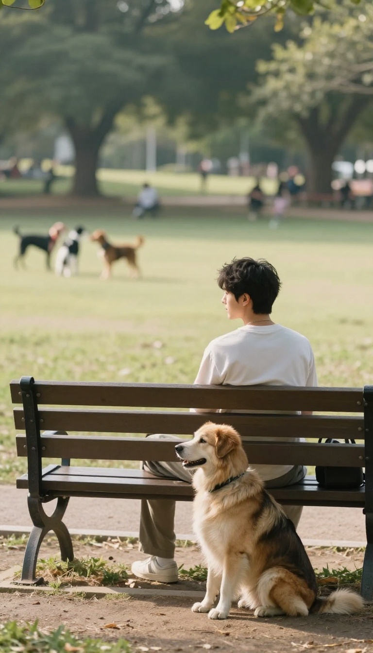 Person sitting on a park bench with a dog, training in a park with distractions in the background