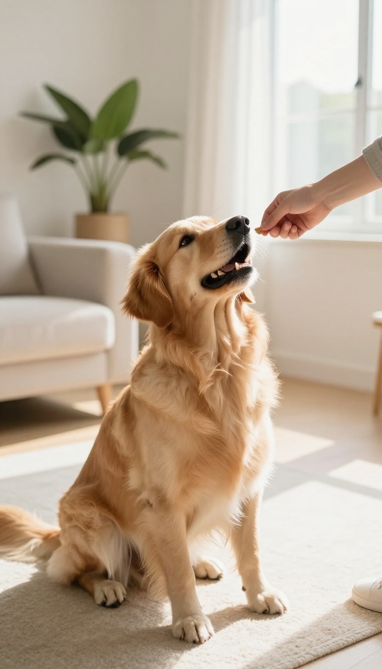 A dog learning a trick in a bright living room, looking up at a treat, with a calm and focused expression.