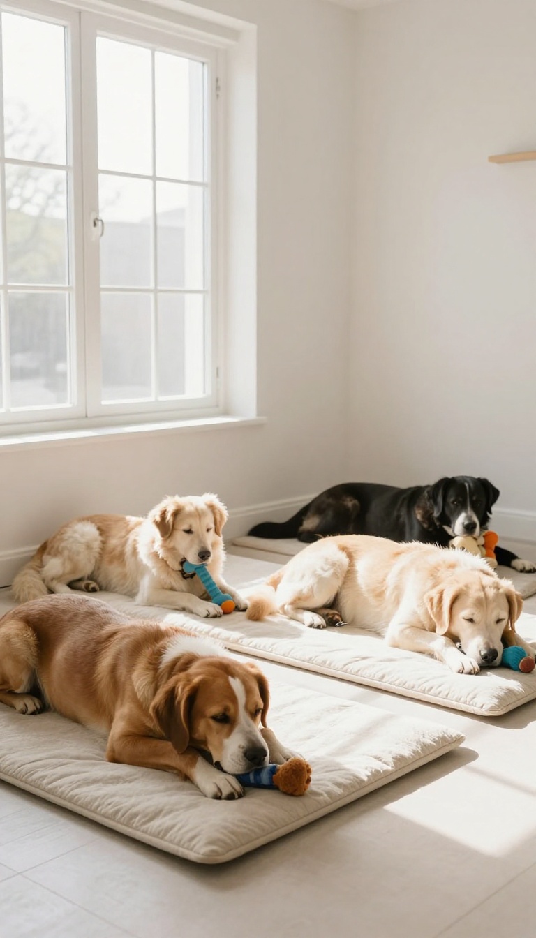 Three dogs relaxing on mats in a bright living room, promoting calmness and preventing overstimulation