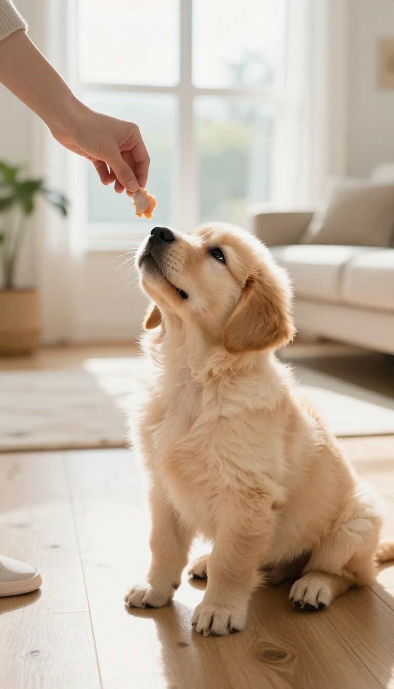 Golden retriever puppy sitting and focusing on a treat during a training session in a bright living room