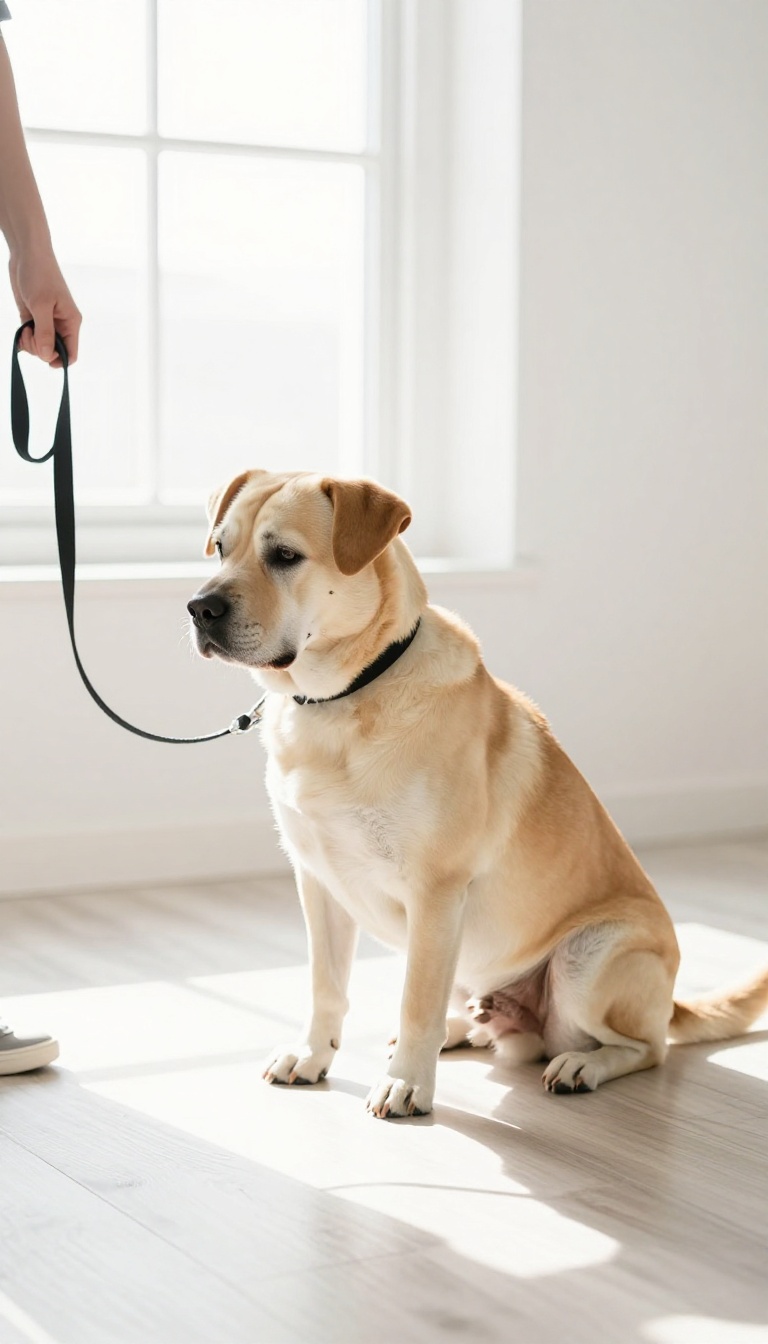 Person gently holding a dog's leash while the dog shows subtle stress signals like a lip lick and lowered head, in a bright, clean indoor setting.