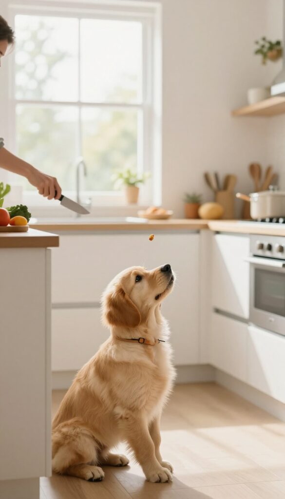 A person in a bright kitchen tossing a treat to a golden retriever puppy that is looking up attentively.