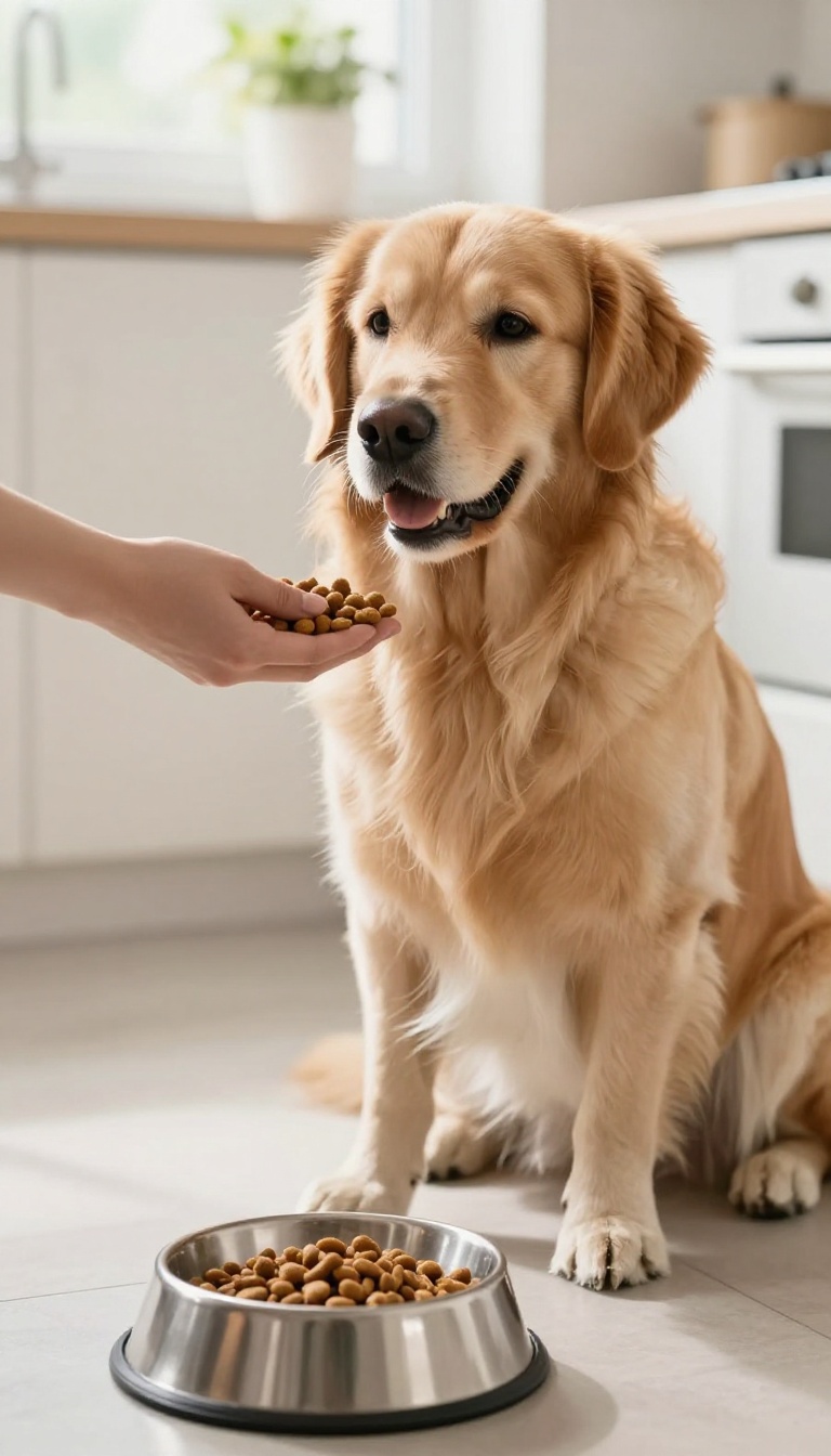 Golden retriever waiting patiently for food during a training session