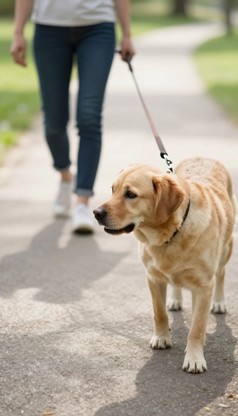 A person rewarding their dog for making eye contact during a walk in a sunny park.