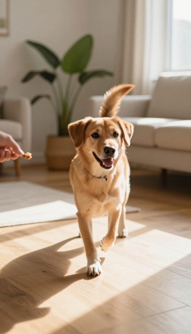 A dog spinning in a bright living room during a clicker training session