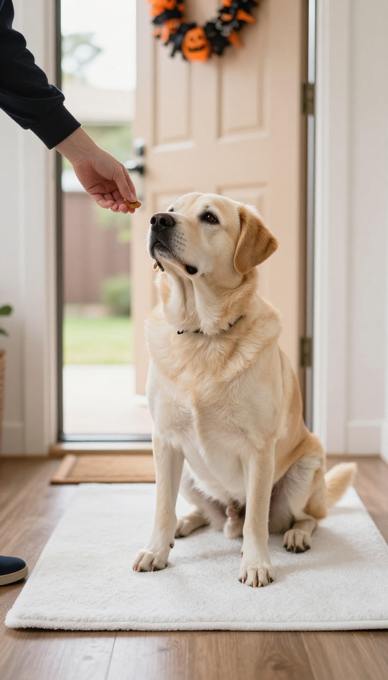 Dog sitting on a mat near an open door, waiting calmly for a treat