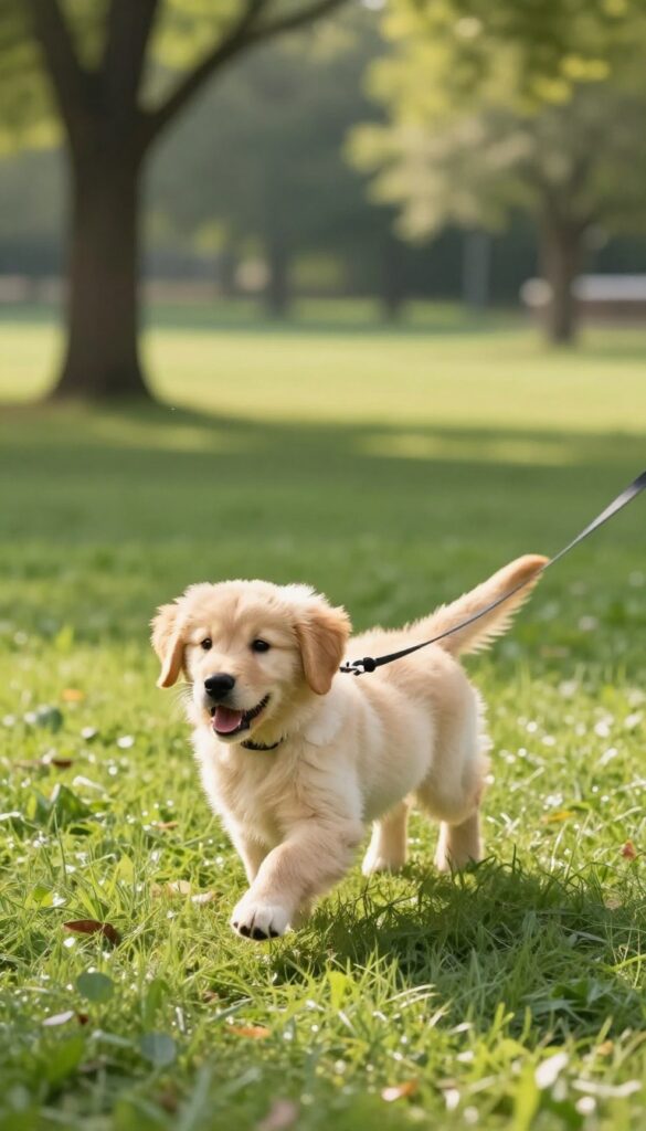 Golden retriever puppy running in a sunny park during a training session