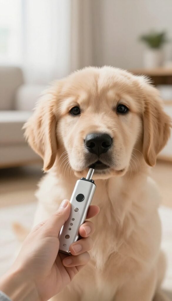 Person holding a clicker while a golden retriever puppy looks attentively at the camera in a bright living room