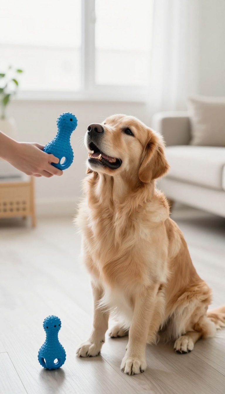 Dog dropping one toy to take another identical toy from a person's hand, illustrating the two-toy swap game.