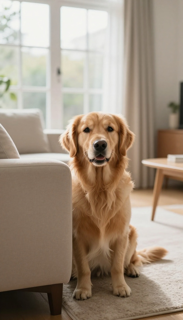 A golden retriever hiding behind a sofa in a bright living room, looking playful and alert.