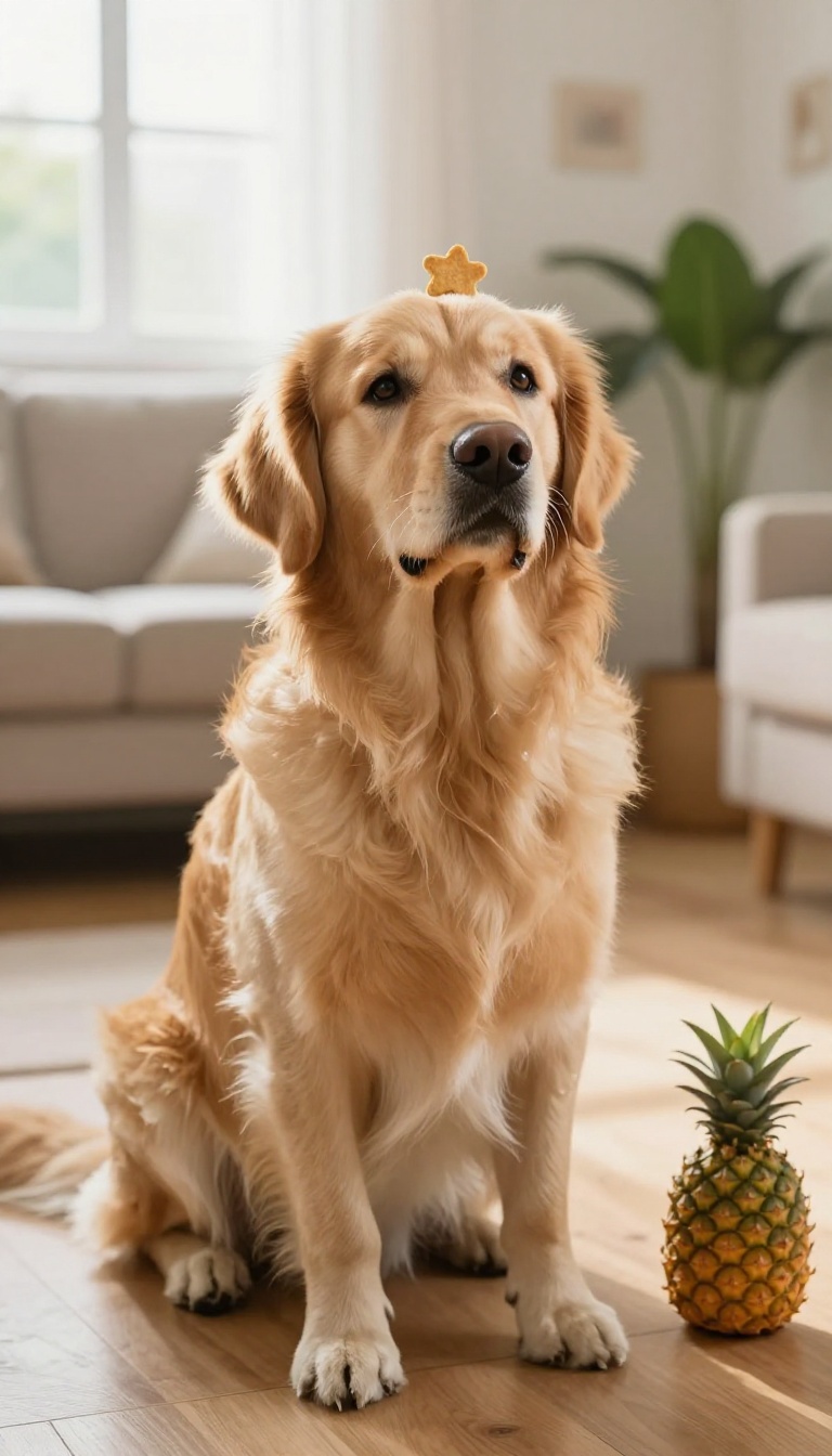 Golden retriever balancing a treat on its nose in a bright living room