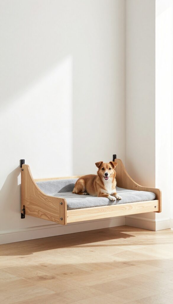 Wall-mounted fold-down wooden dog bed in a bright apartment, with a dog resting on it.