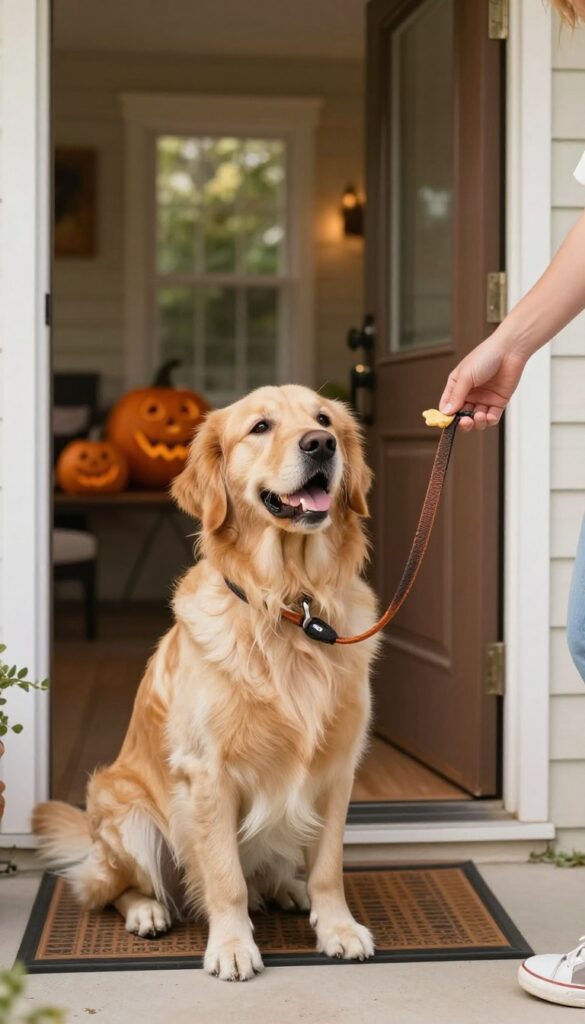 Dog sitting calmly at an open door waiting for a treat during Halloween training.
