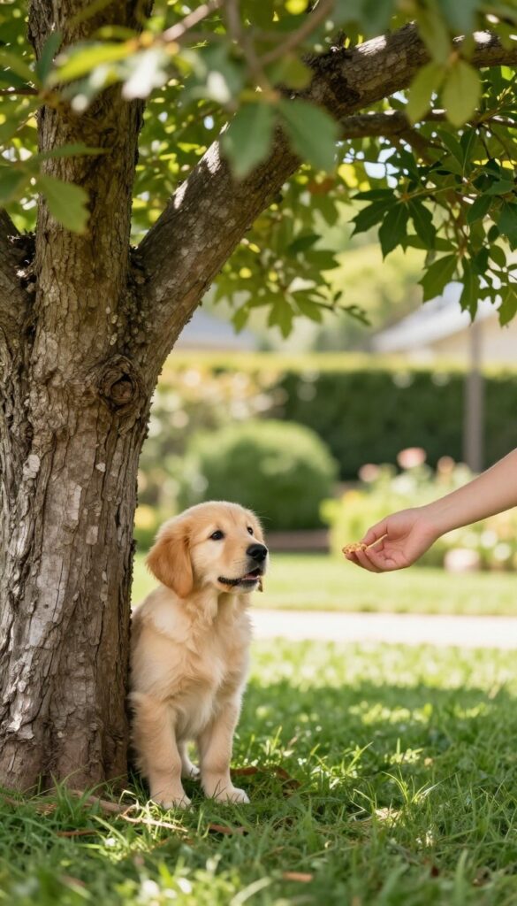 Puppy playing hide-and-seek in a sunny backyard
