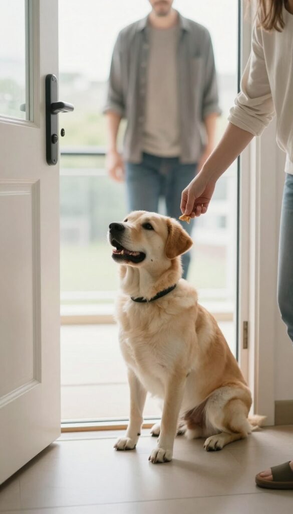 Dog sitting calmly on a mat near the door while a person offers a treat during a doorbell training session