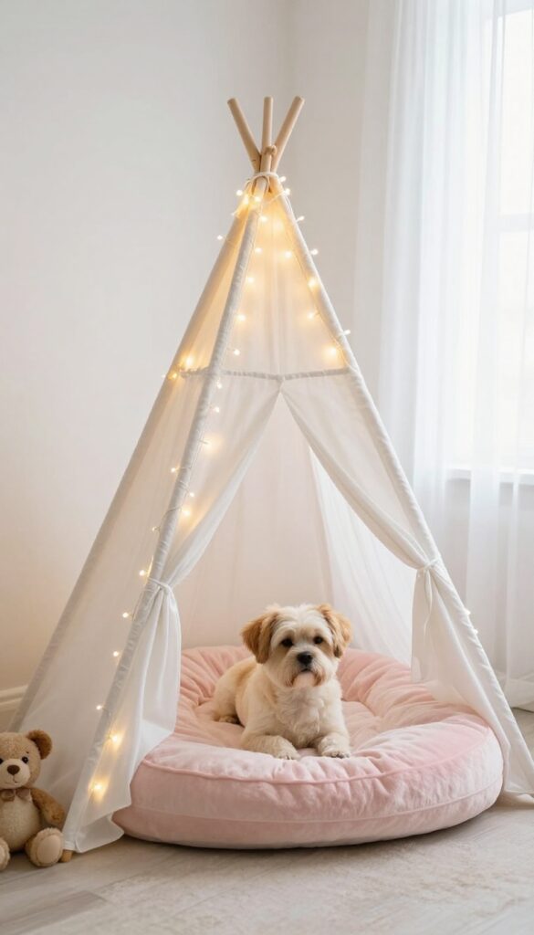 A canopy tent dog bed with string lights glowing warmly in a princess-themed room
