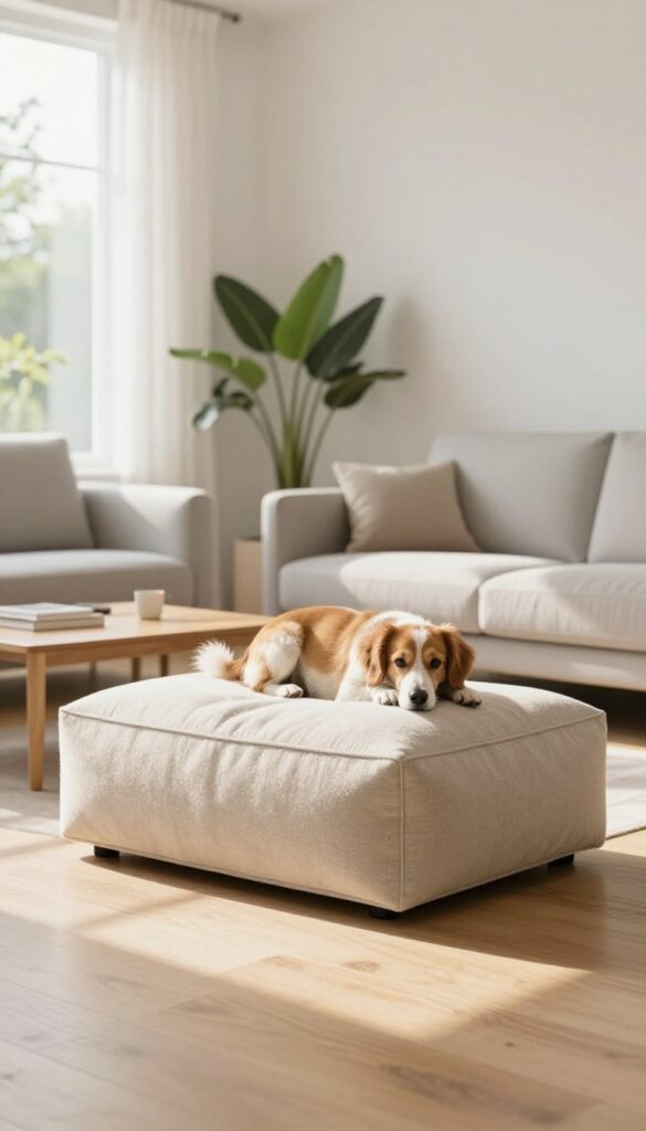 Minimalist floor cushion for a dog in a bright Scandinavian living room