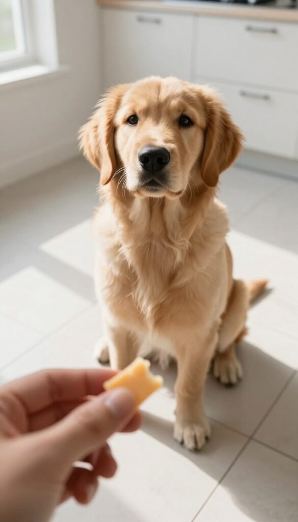 Puppy practicing leave it as a piece of chicken drops on the kitchen floor